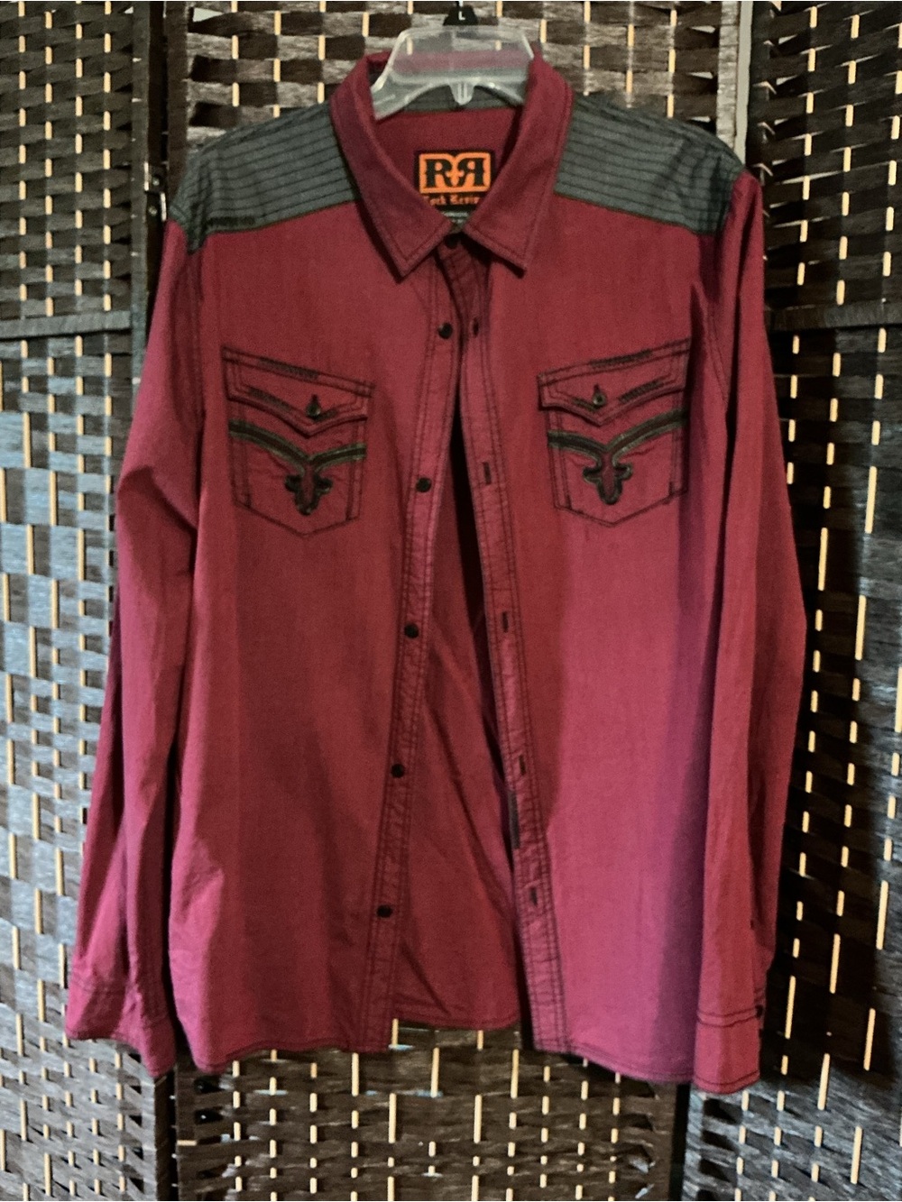 Rock Revival Burgundy Button-Down Western Shirt with Black Shoulder Accents